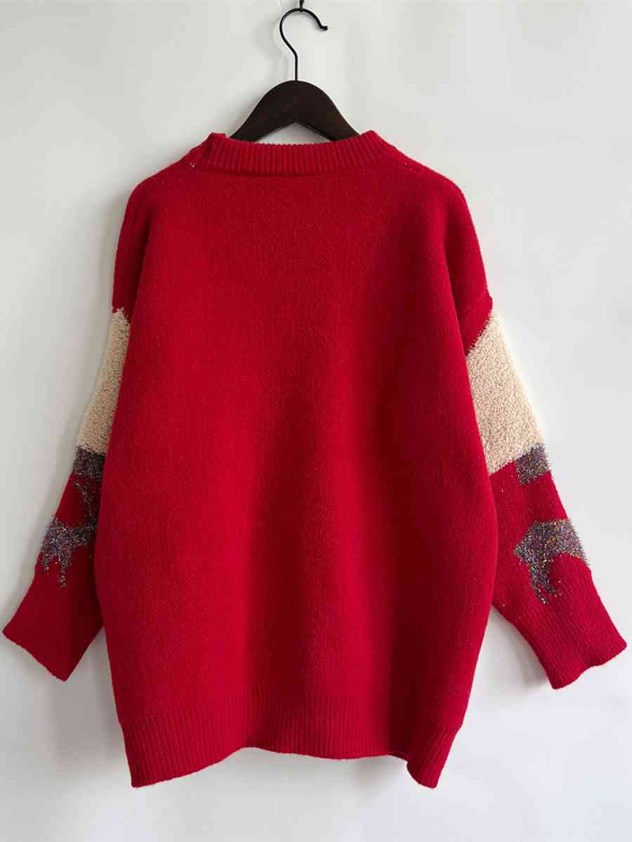 Oversized Sequin Shag Teddy Christmas Tree Reindeer Knit Long Sleeve Sweater Top