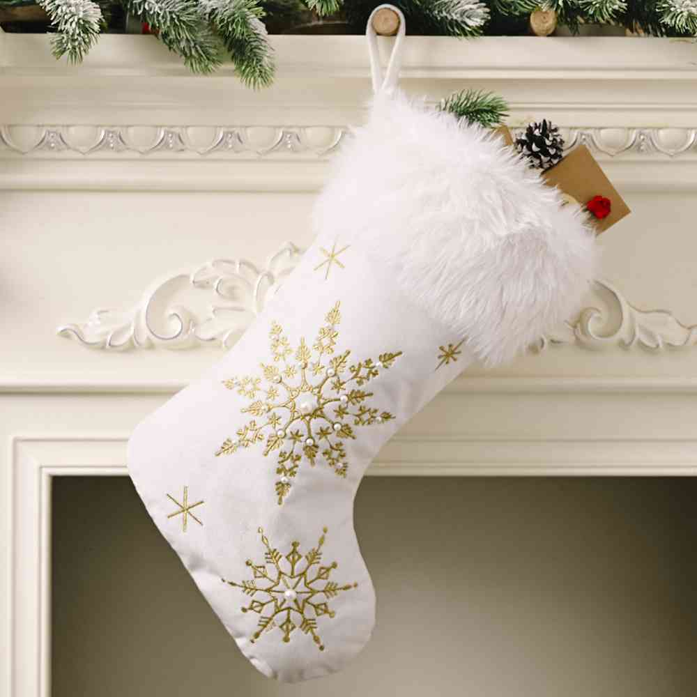 Faux Fur Embroidered Snowflake Beaded Holiday Christmas Stocking Festive Decor