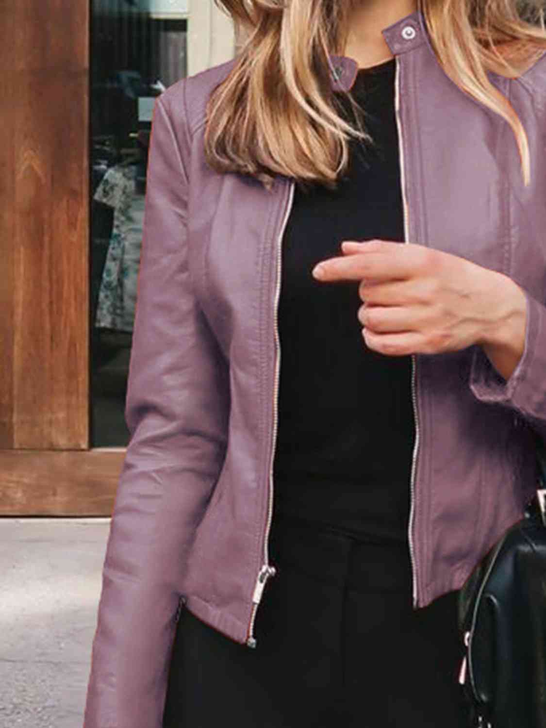 Chic Moto Vegan Leather Jacket Zip-up Sleek Snap Mock Neck