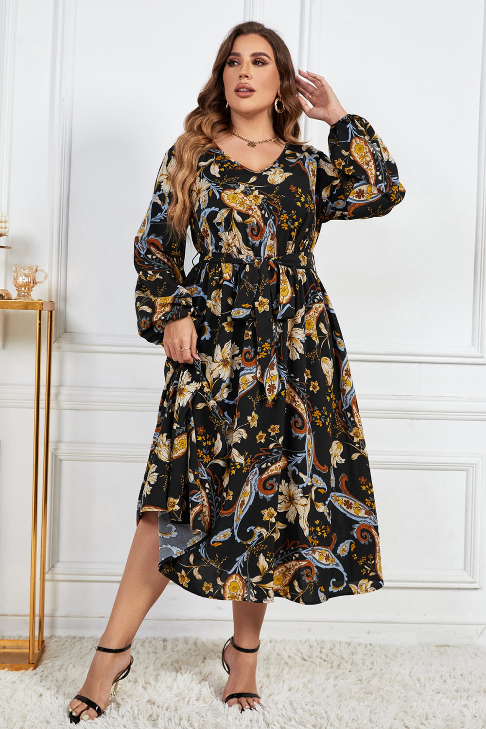 Paisley Floral Retro Print Tie Belt Balloon Sleeve Modest Midi Dress (Plus Size Only)