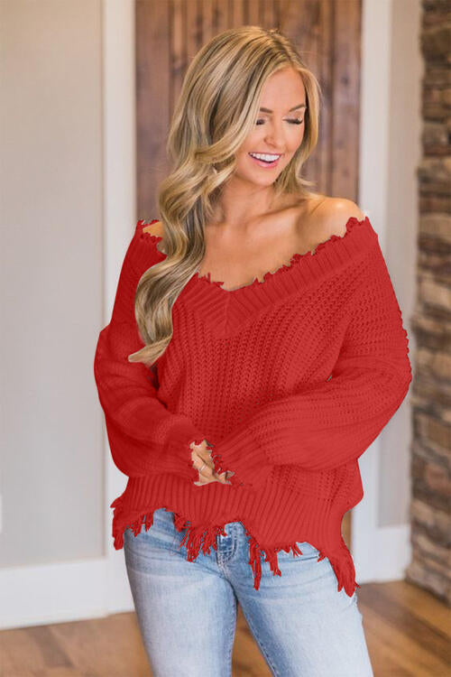 Distressed Raw Hem Off Shoulder Wide Neck Long Sleeve Waffle Knit Sweater Shirt