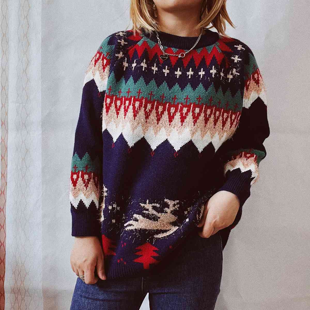 Reindeer Bold Knit Round Neck Classy Holiday Fair Isle Christmas Sweater
