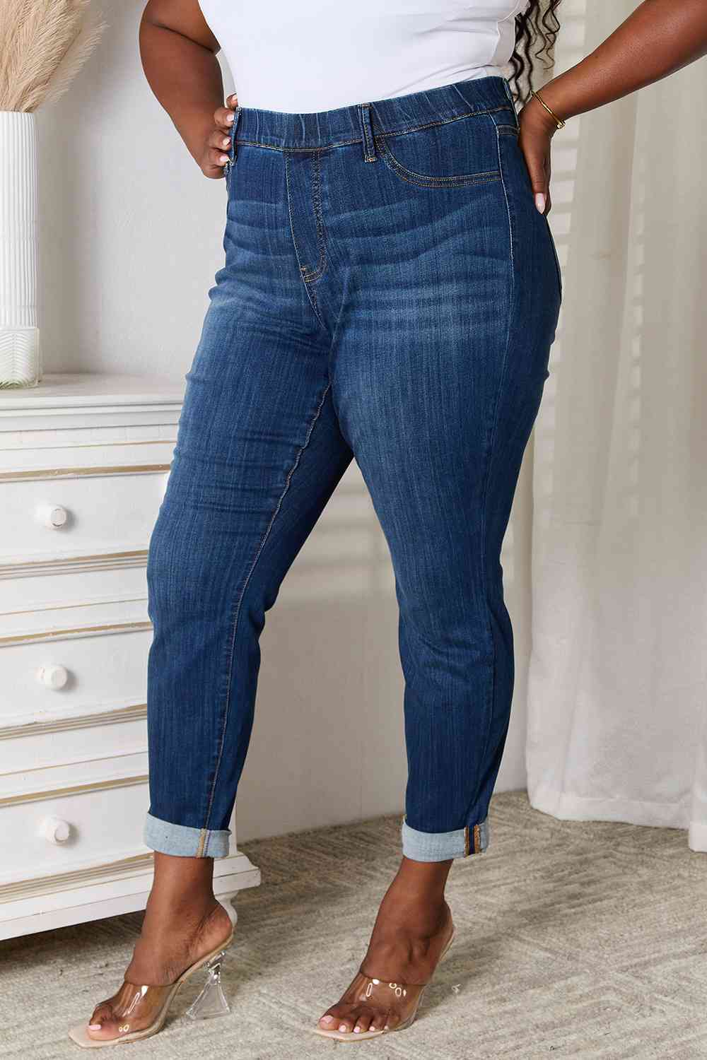 Skinny Ankle Cuffed Pants Cropped Dark Whisker Wash Stretch Denim Judy Blue Jeans
