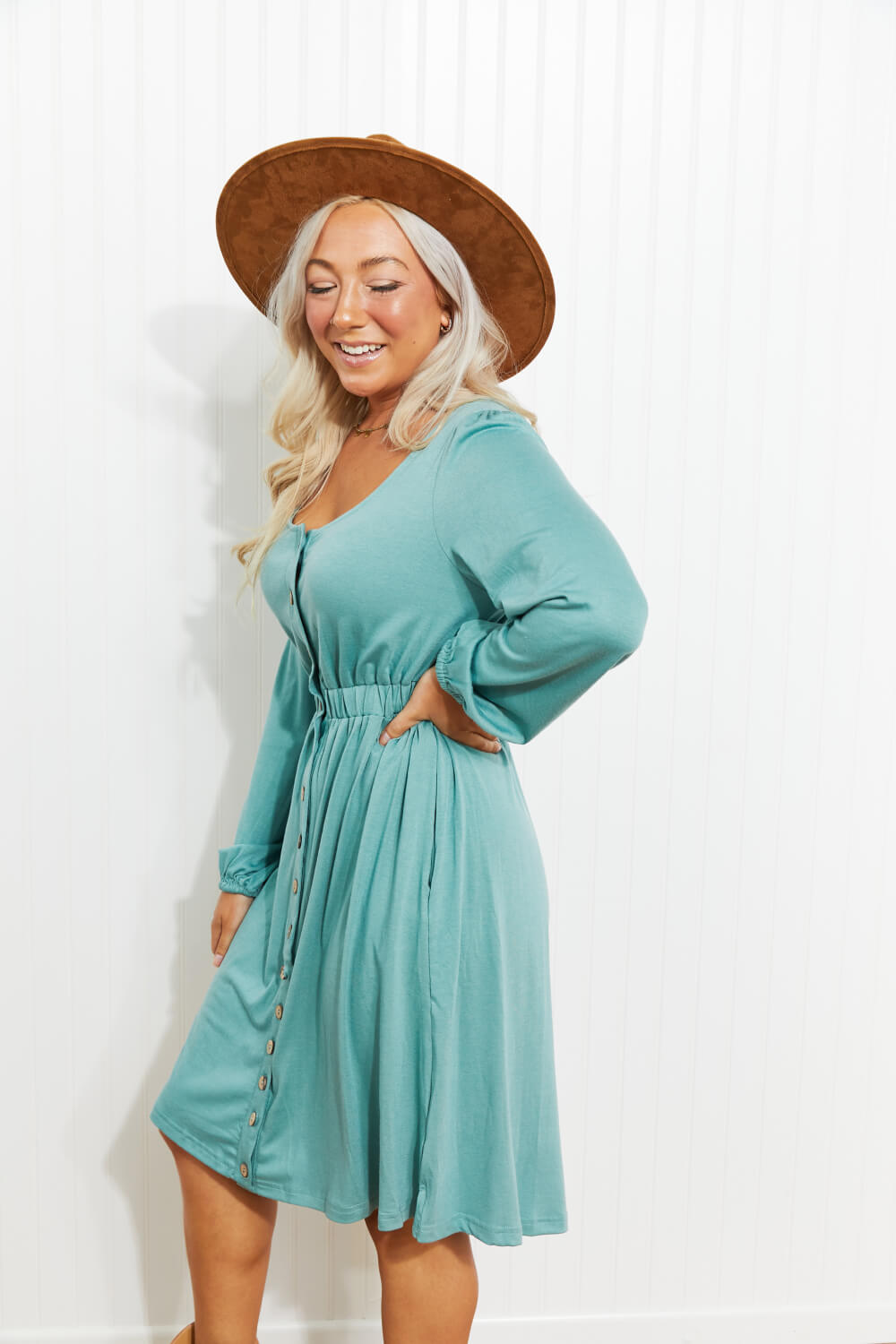 Chic Scoop Neck Empire Waist Long Sleeve Dress (Plus Size Available) in 4 Colors