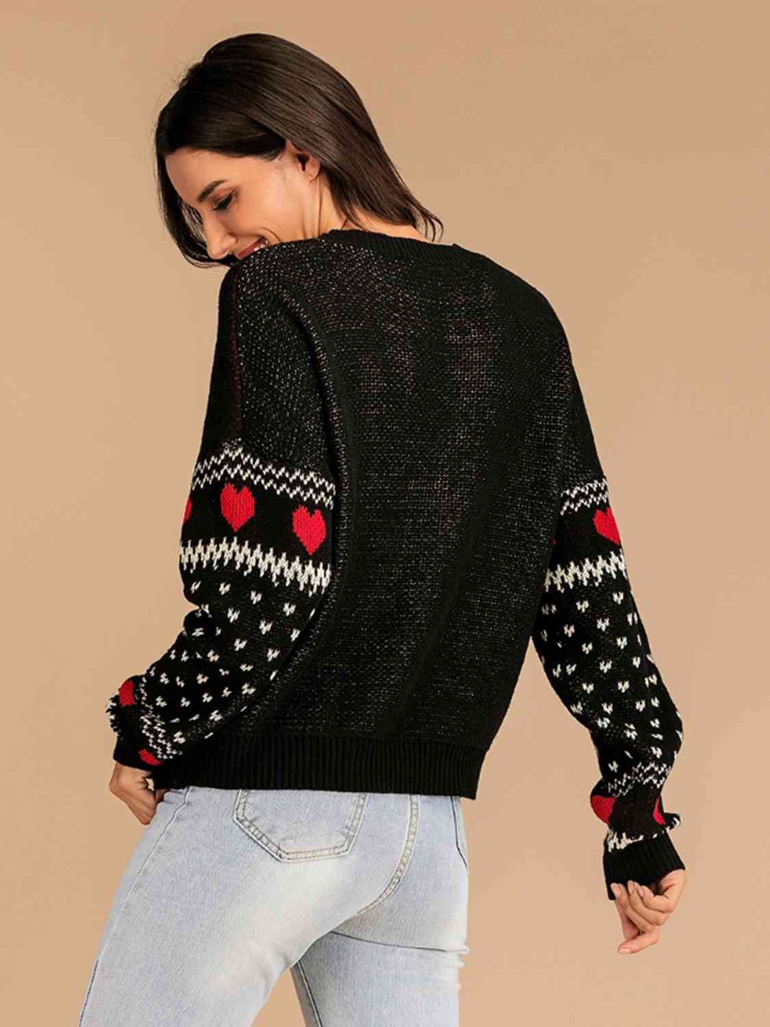 Reindeer Heart Knit Round Neck Holiday Long Sleeve Fair Isle Christmas Sweater