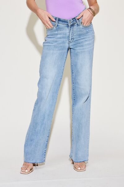Judy Blue Mid-Rise V-Waist Front Denim Straight Leg Raw Hem Mom Jean Pants