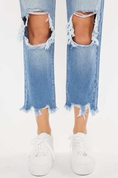 KanCan High-Rise Distressed Denim Raw Cropped Straight Leg Mom Jean Cotton Pants