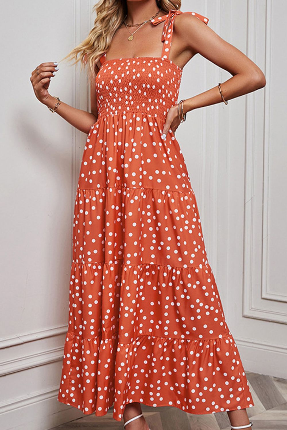 Polka Dot Smocked Tiered Sleeveless Dress Orange / L Polka Dot Smocked Tiered Sleeveless Dress Orange / L