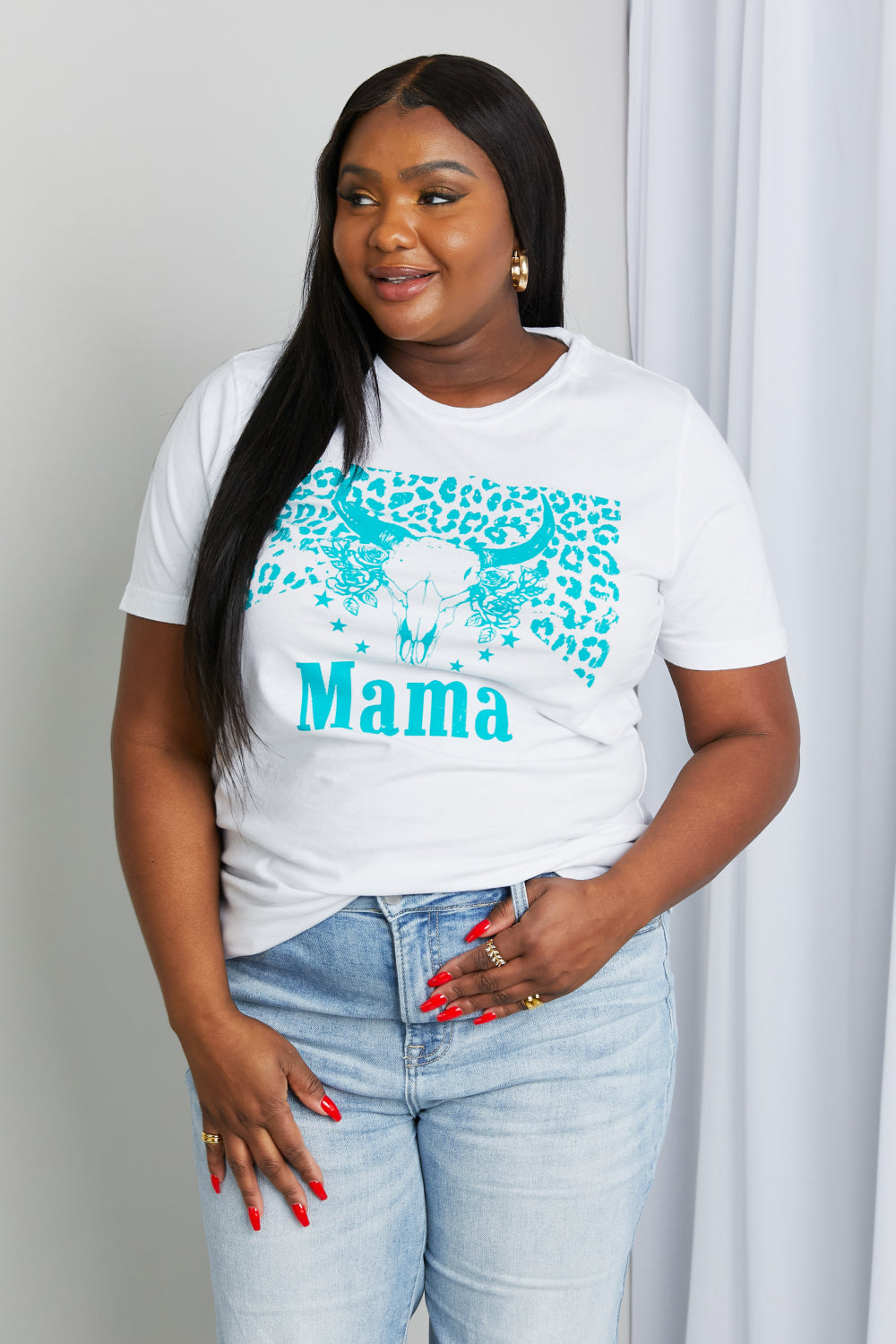 Western MAMA Graphic Teal Bull Horn 100% Cotton Tee Shirt (Plus Size Available)