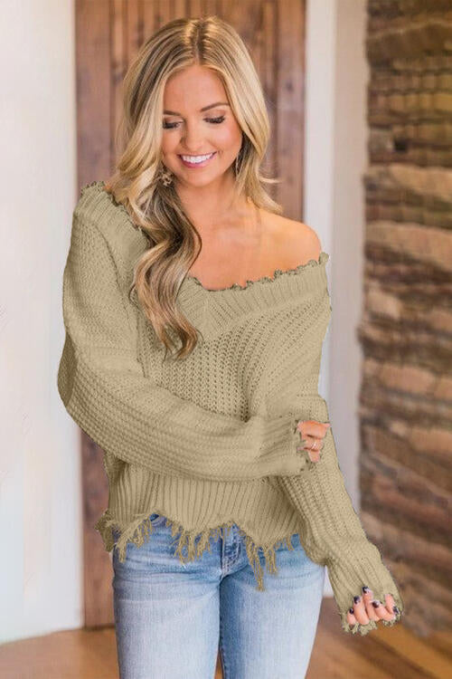 Distressed Raw Hem Off Shoulder Wide Neck Long Sleeve Waffle Knit Sweater Shirt