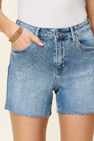 Rhinestone Shorts High Rise Tummy Control Denim Shorts Frayed Cut-Off