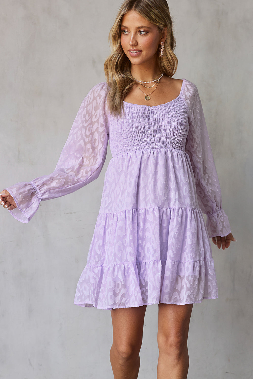 Leopard Print Tiered Long Sleeve Babydoll Dress (3 Colors Available)