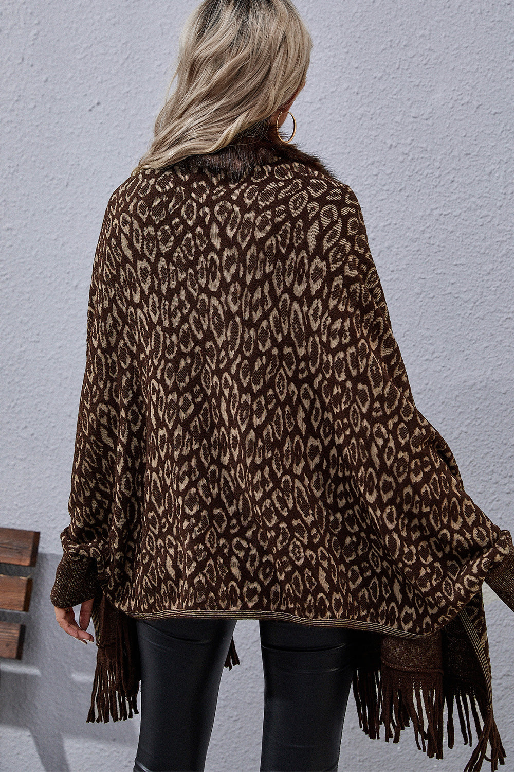 Faux Fur Knit Leopard Print Fringe Bottom Long Sleeve Cardigan Poncho