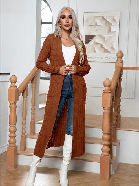 Cable Knit Long Sleeve Open Front Pocket Casual Sweater Cardigan Longline Duster