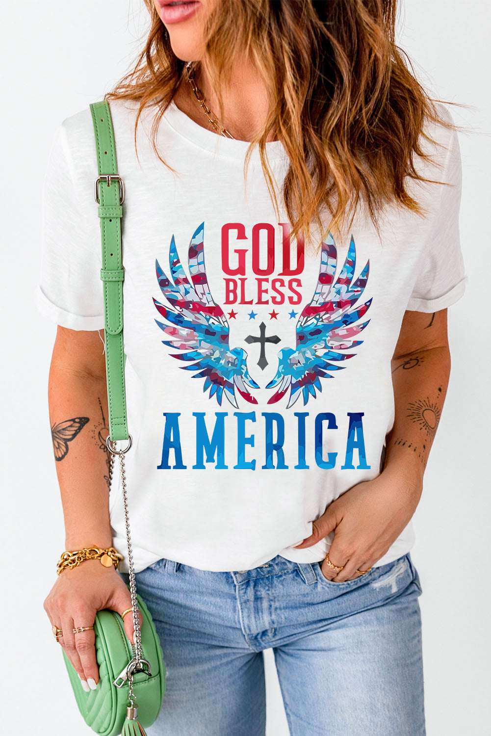 GOD BLESS AMERICA Graphic Top Cuffed Short Sleeve Tee Shirt