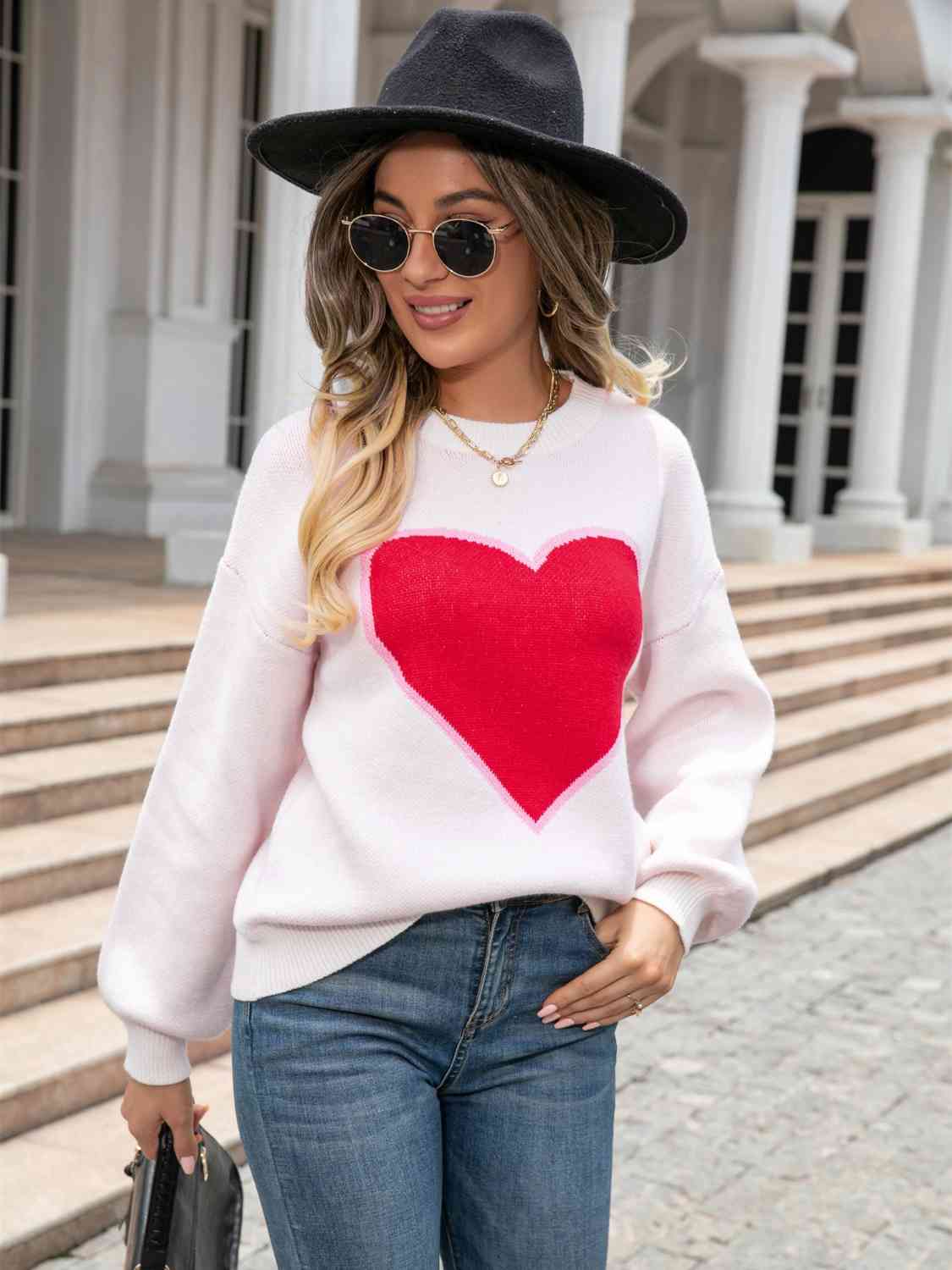 Knit Heart Contrasting Classic Round Neck Pullover Top Long Sleeve Sweater Shirt
