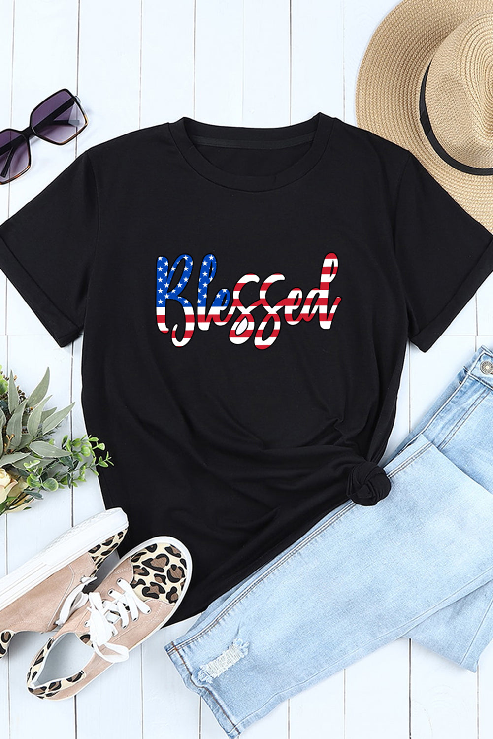 American BLESSED USA Flag Top Round Neck Shortsleeve Tee Shirt
