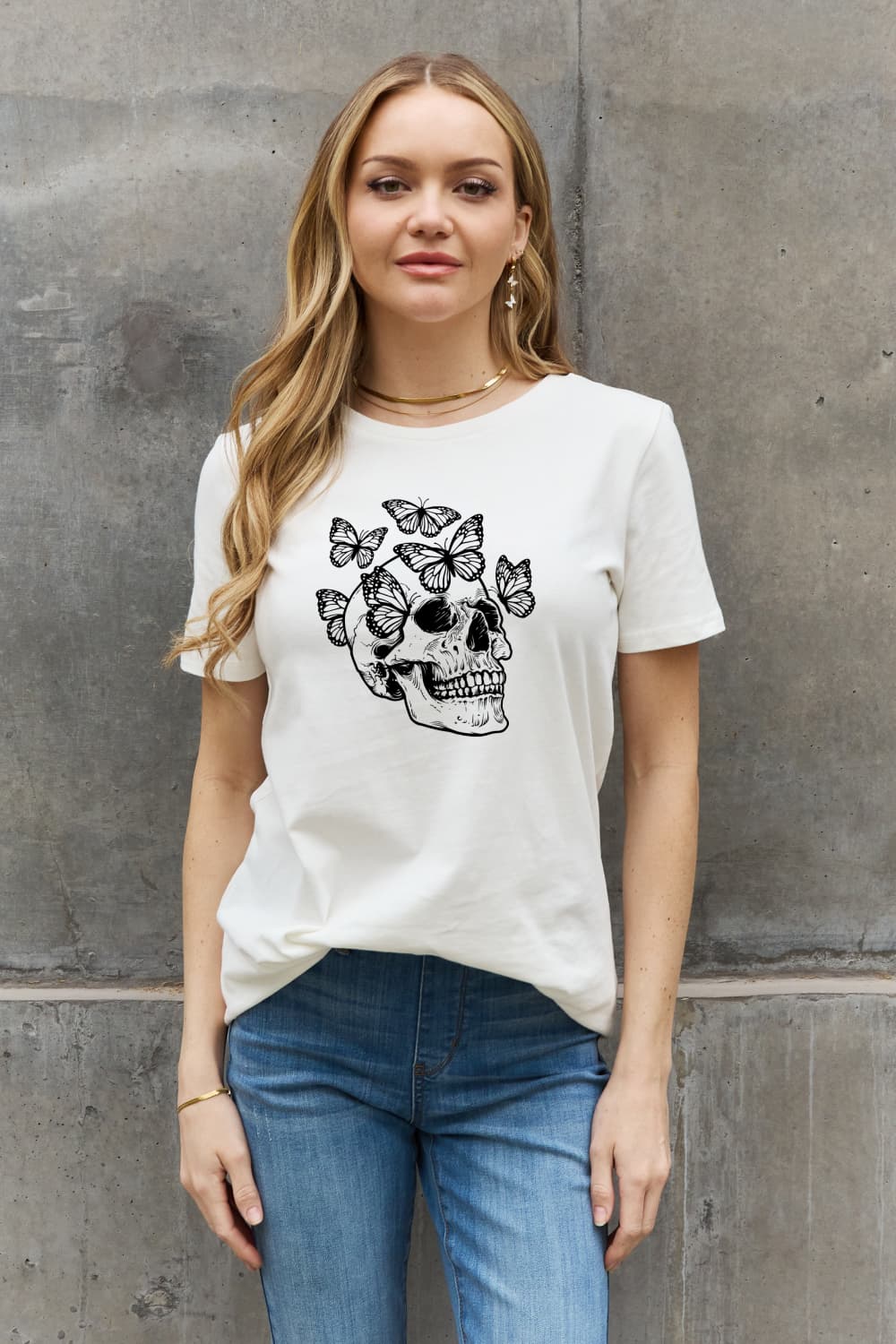 Skull Butterfly Contrasting Graphic 100% Cotton Short-sleeve Tee Shirt