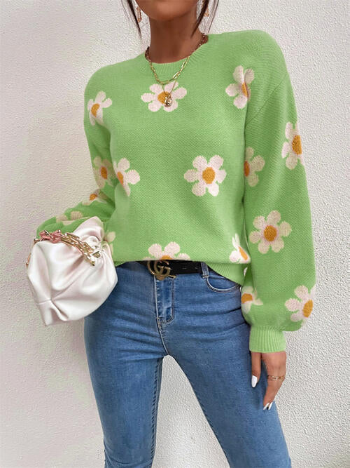 Daisy Retro Flower Knit Pullover Classic Long Lantern Sleeve Sweater Shirt