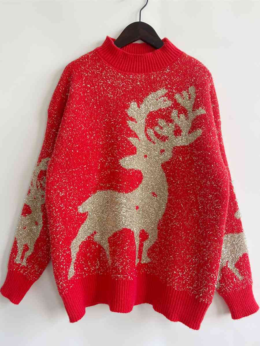 Fuzzy Red Gold Bold Knit Round Neck Classy Holiday Christmas Winter Sweater