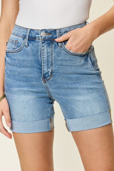 High Rise Tummy Control Denim Shorts Raw Frayed Cuffed Slim Leg Jean Judy Blue
