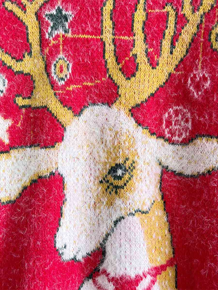Christmas Reindeer Soft Fuzzy Knit Round Neck Classy Holiday Sweater Top