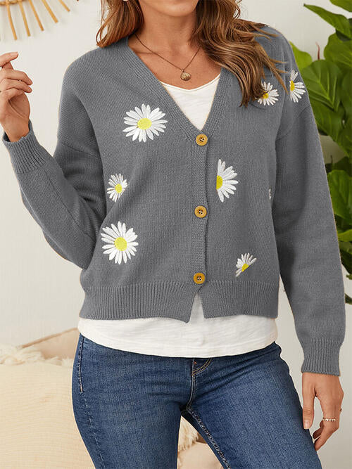 Floral Embroidered Cropped Classic Knit Button Front Retro Long Sleeve Soft Cardigan