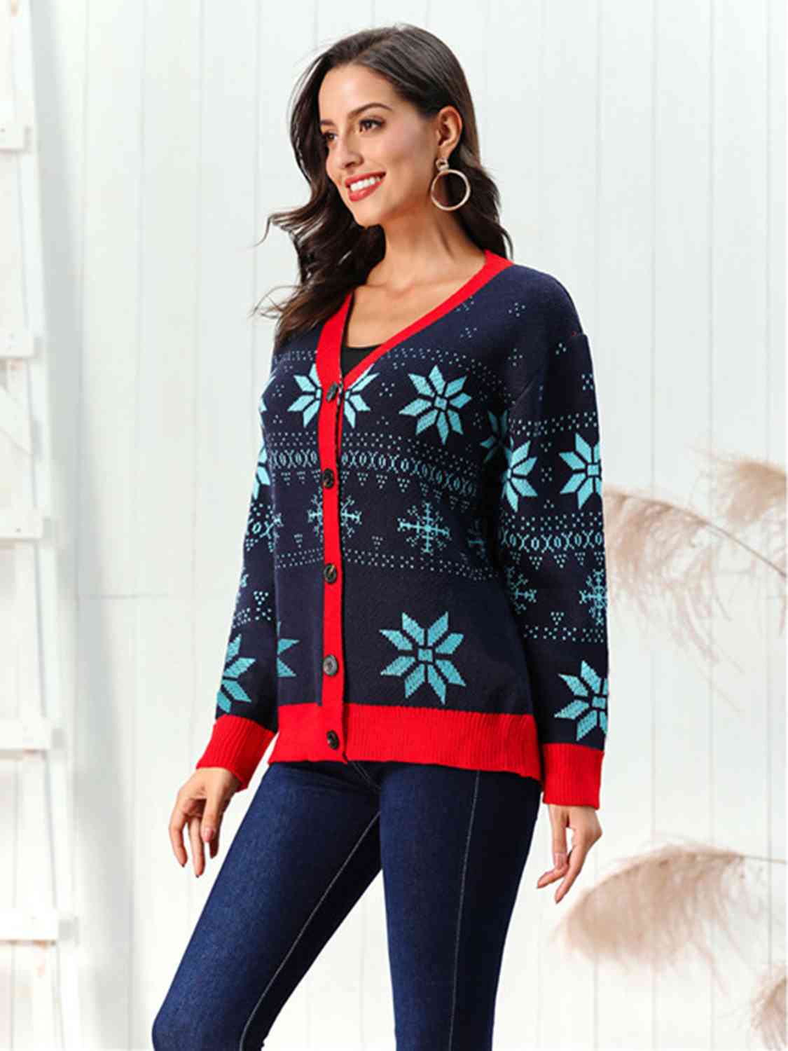 Snowflake Retro Knit Holiday Cardigan Button Front Thick Colorful Sweater Festive Winterwear
