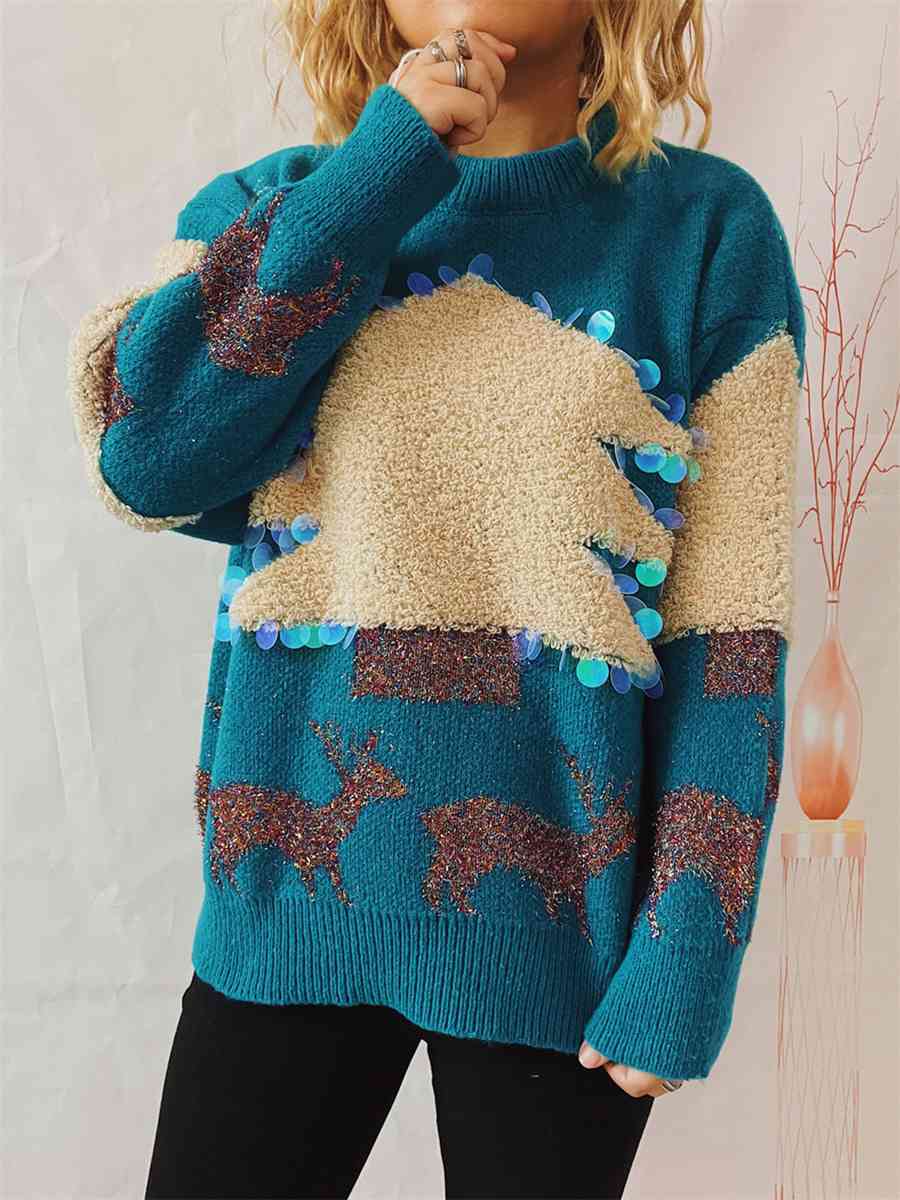 Oversized Sequin Shag Teddy Christmas Tree Reindeer Knit Long Sleeve Sweater Top