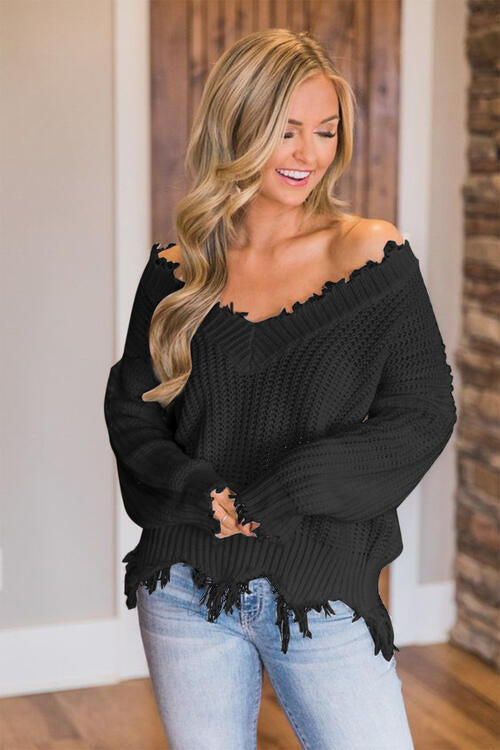 Distressed Raw Hem Off Shoulder Wide Neck Long Sleeve Waffle Knit Sweater Shirt