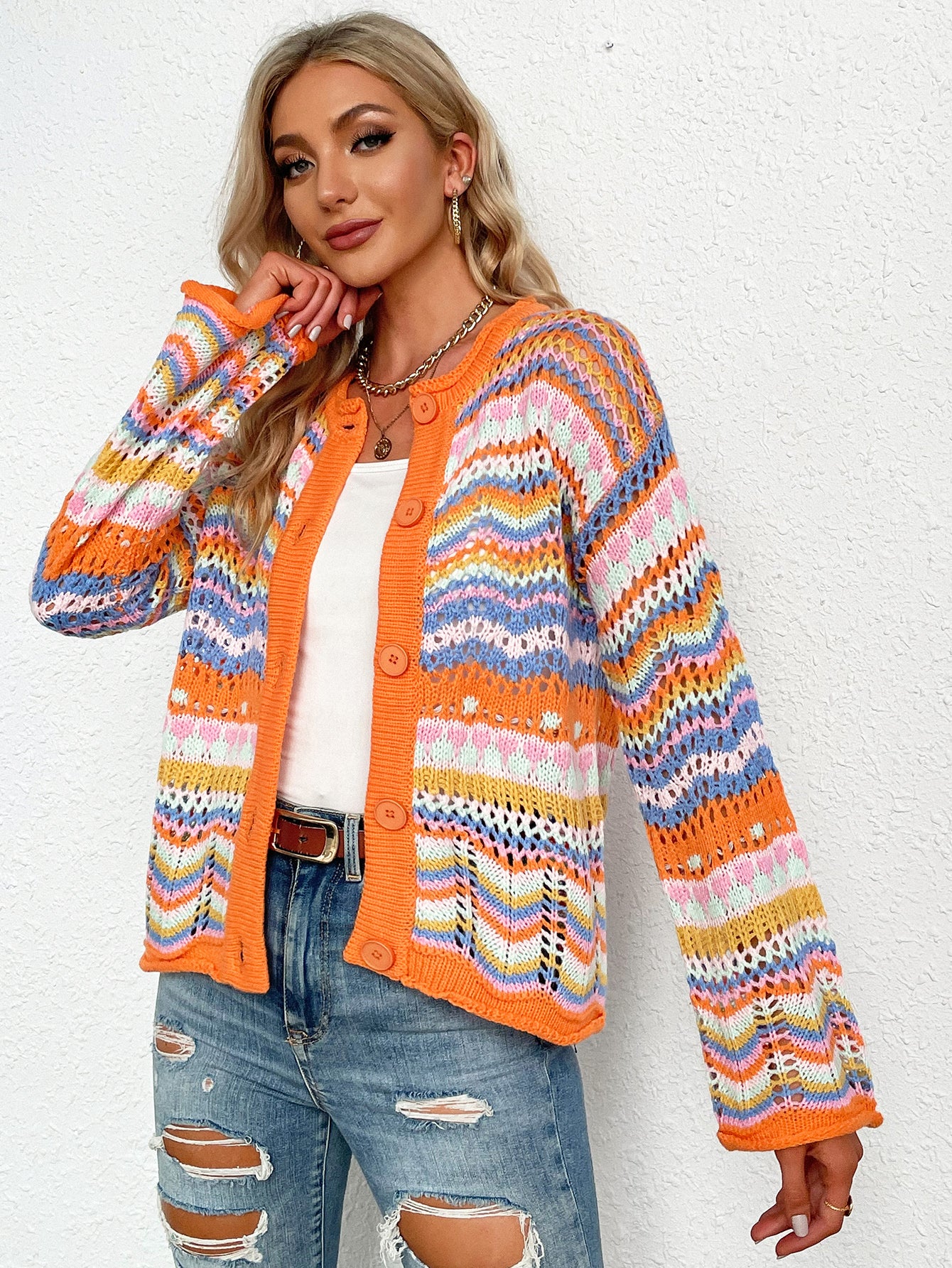 Bright Chevron Stripe Openwork Knit Button Front Long Sleeve Retro Cardigan