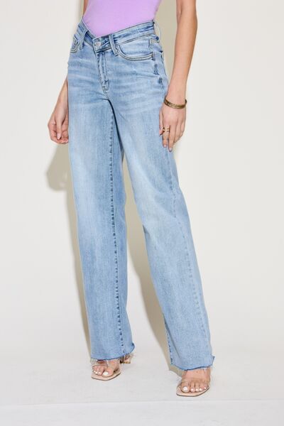 Judy Blue Mid-Rise V-Waist Front Denim Straight Leg Raw Hem Mom Jean Pants