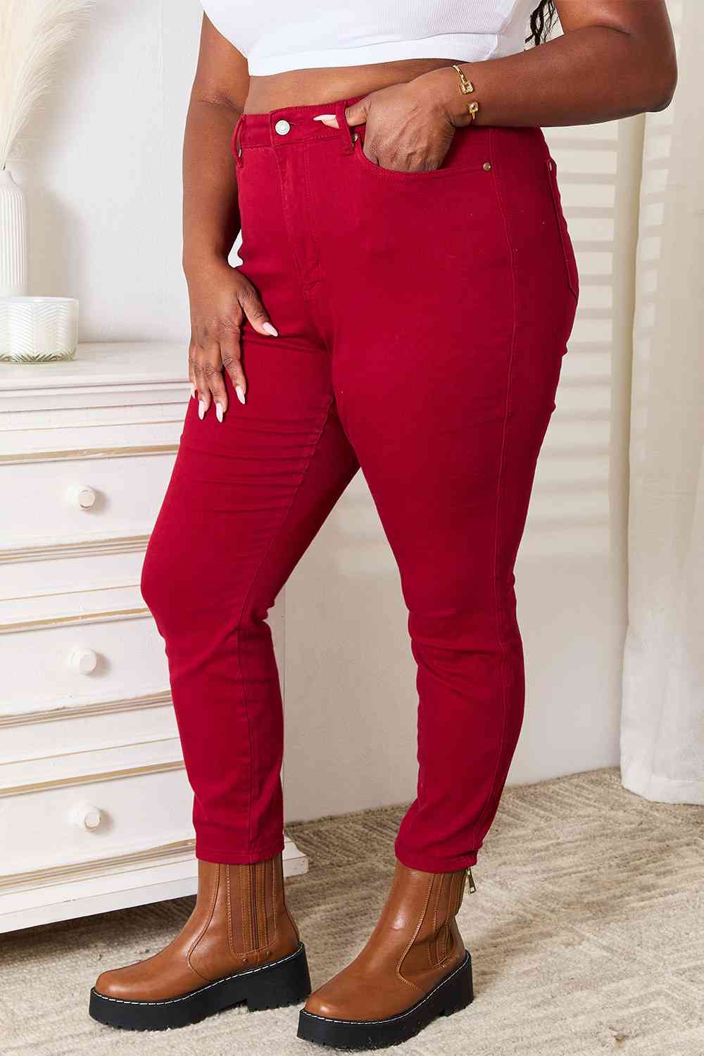 Tummy Control High-Rise Waist Red Demim Judy Blue Skinny Jean Pants