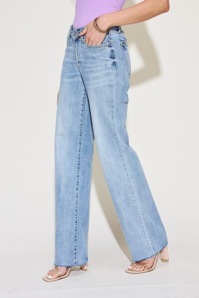 Judy Blue Mid-Rise V-Waist Front Denim Straight Leg Raw Hem Mom Jean Pants