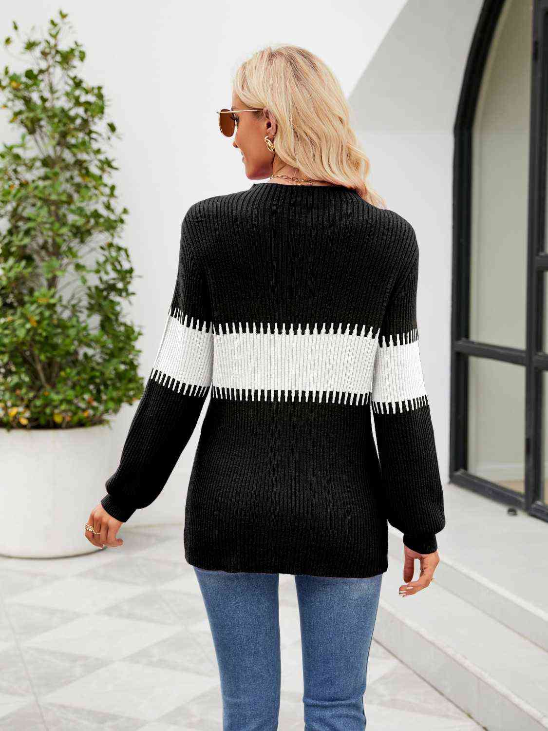 Contrasting Color Block Ribbed Knit Long Sleeve Patchwork Minimalist Sweater