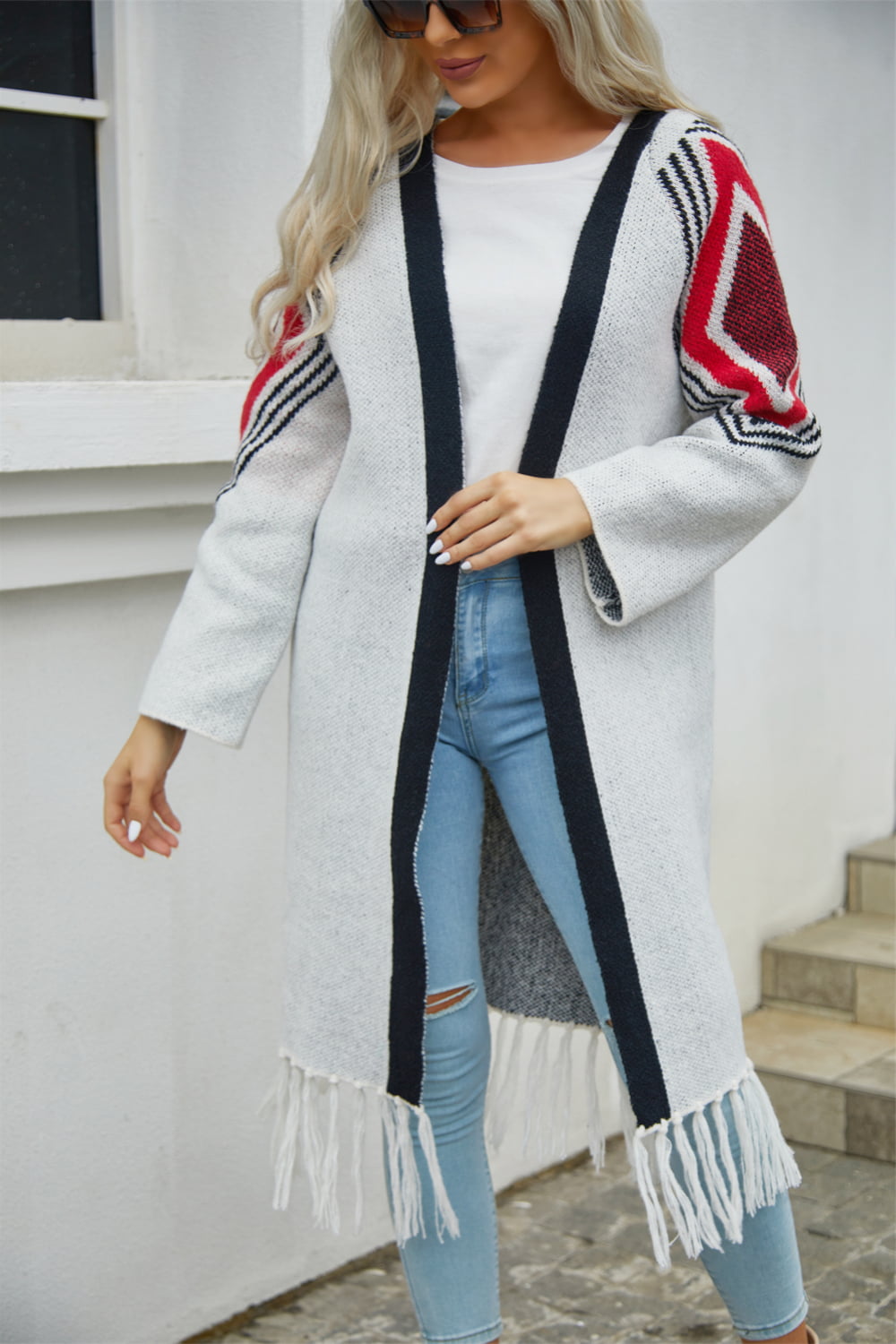Fringe Retro Geometric Knit Cardigan Sleeve Colorful Open Front Sweater Duster
