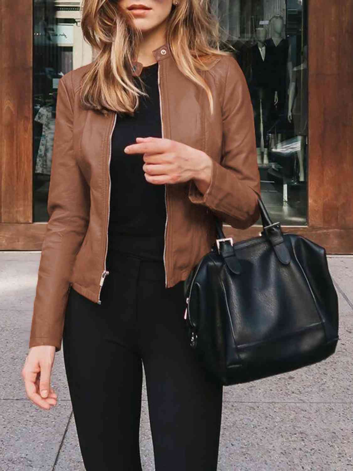 Chic Moto Vegan Leather Jacket Zip-up Sleek Snap Mock Neck