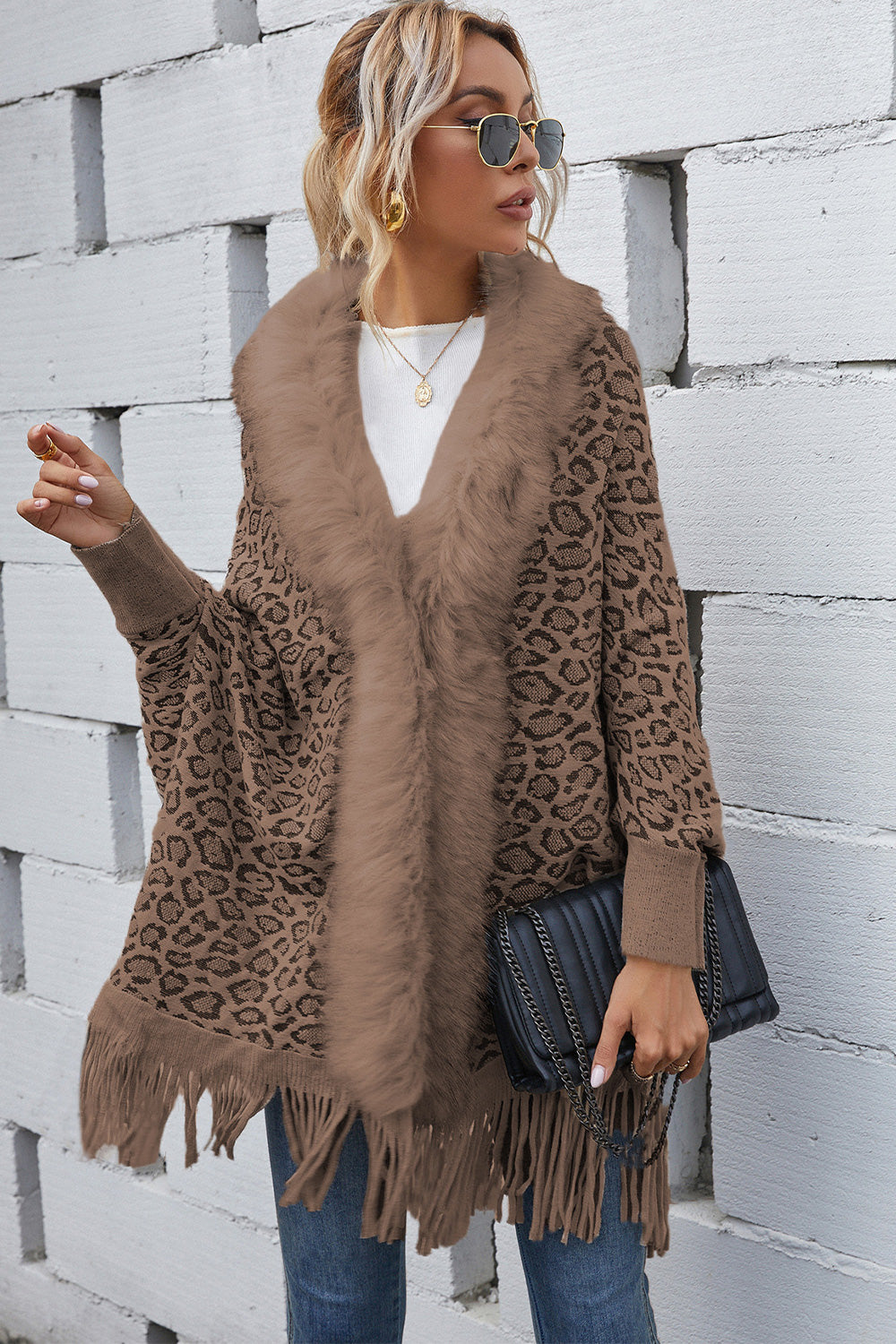 Faux Fur Knit Leopard Print Fringe Bottom Long Sleeve Cardigan Poncho