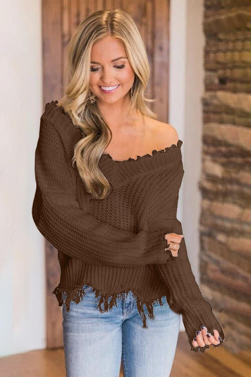 Distressed Raw Hem Off Shoulder Wide Neck Long Sleeve Waffle Knit Sweater Shirt