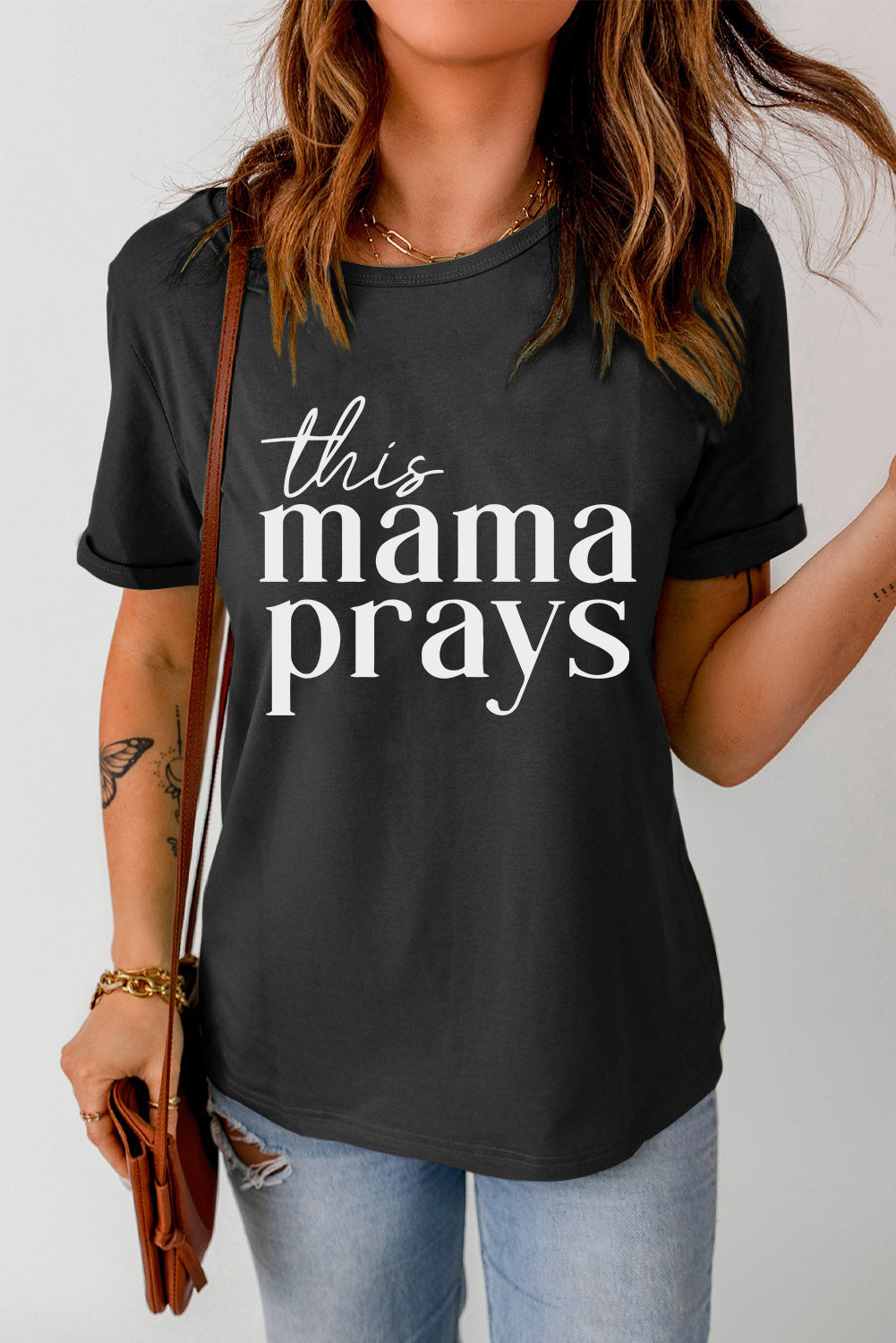 THIS MAMA PRAYS Shirt Cuffed Short Sleeve Graphic Black Top