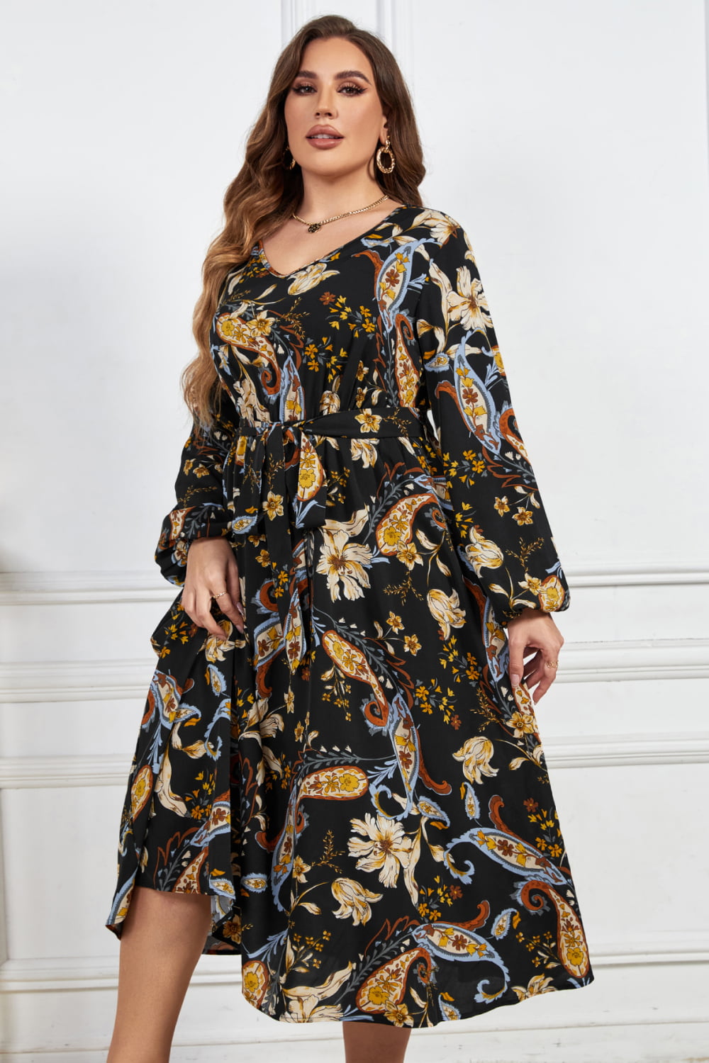 Paisley Floral Retro Print Tie Belt Balloon Sleeve Modest Midi Dress (Plus Size Only)