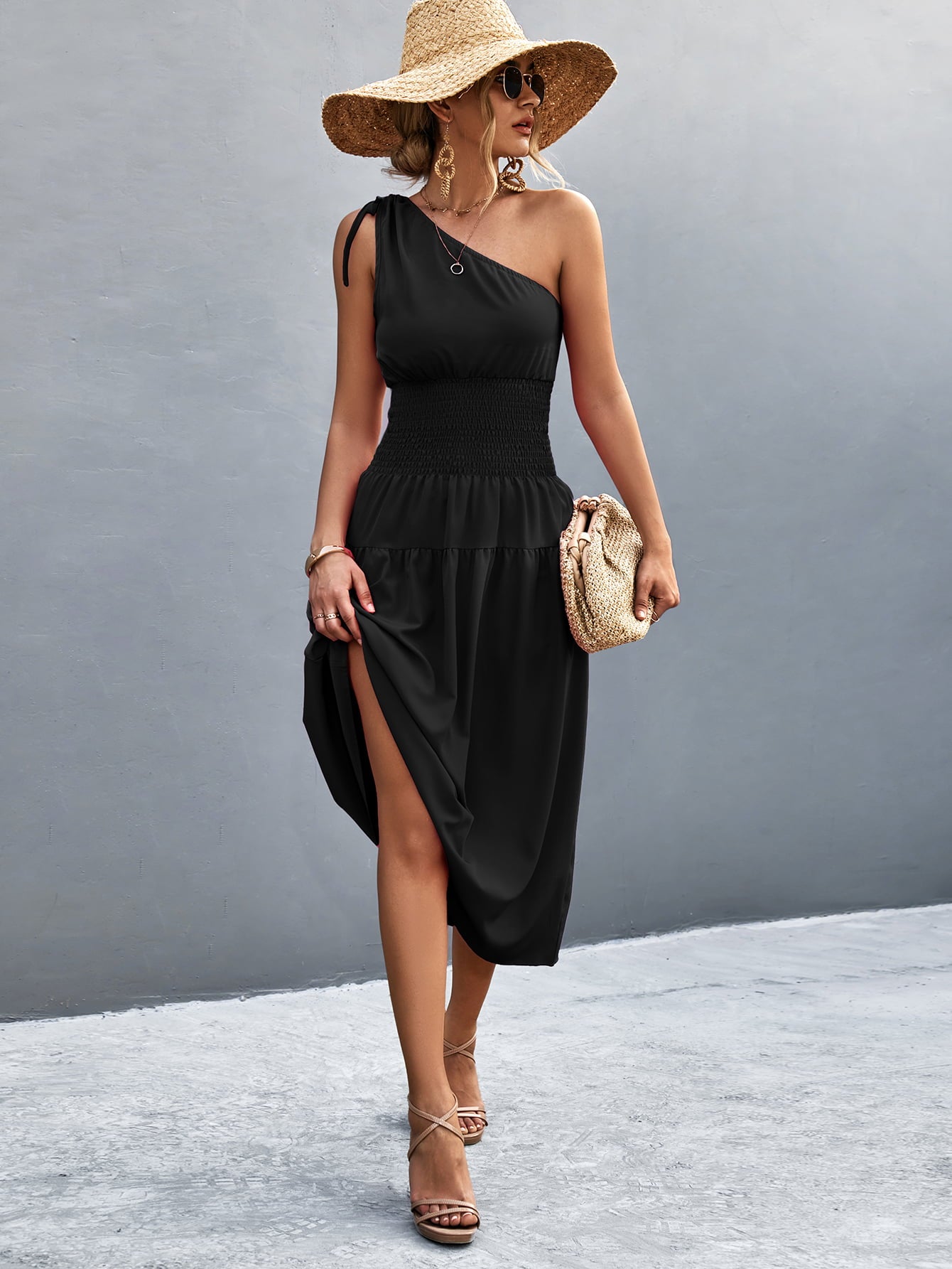 Cinch Tie Asymmetrical One Shoulder Smocked Waist Midi Dress
