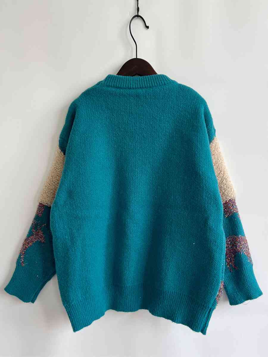 Oversized Sequin Shag Teddy Christmas Tree Reindeer Knit Long Sleeve Sweater Top