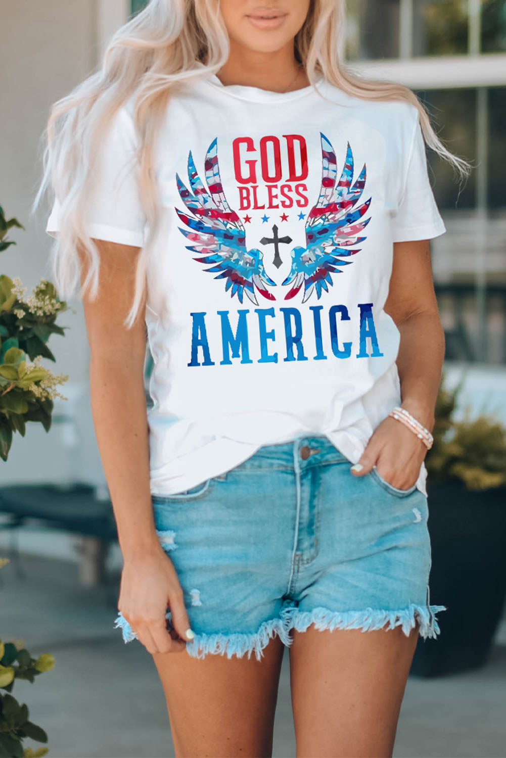GOD BLESS AMERICA Graphic Top Cuffed Short Sleeve Tee Shirt