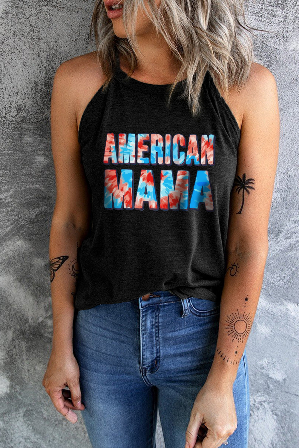 Tie-dye AMERICAN MAMA Shirt Sleeveless Patriotic Graphic Tank Top