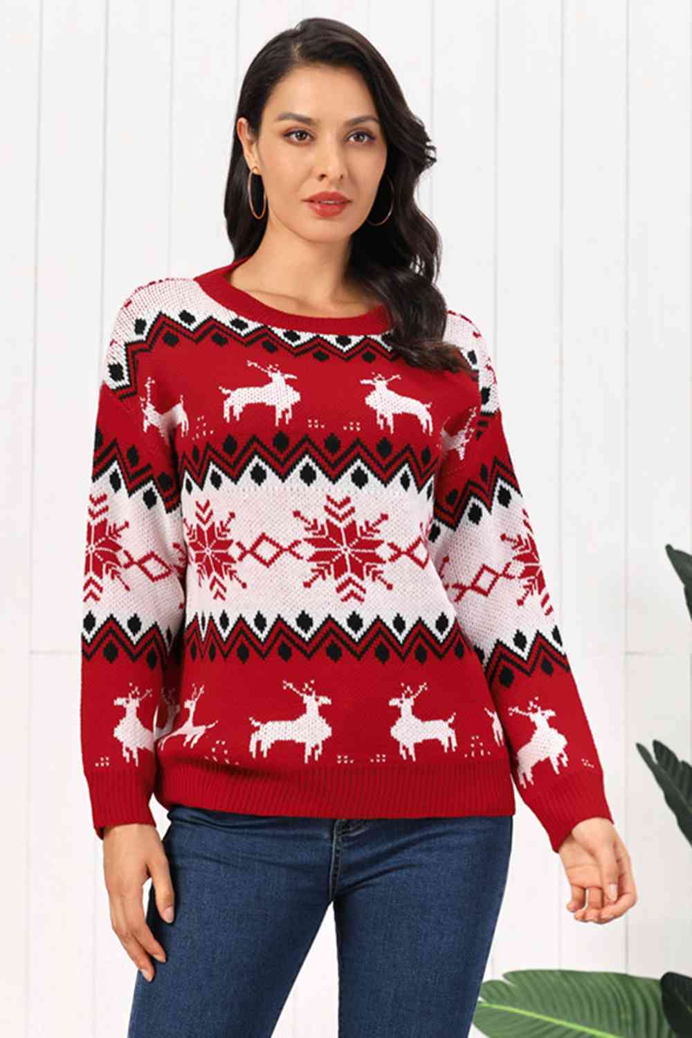 Snowflake Reindeer Fair Isle Knit Round Neck Classy Holiday Sweater Minimalist