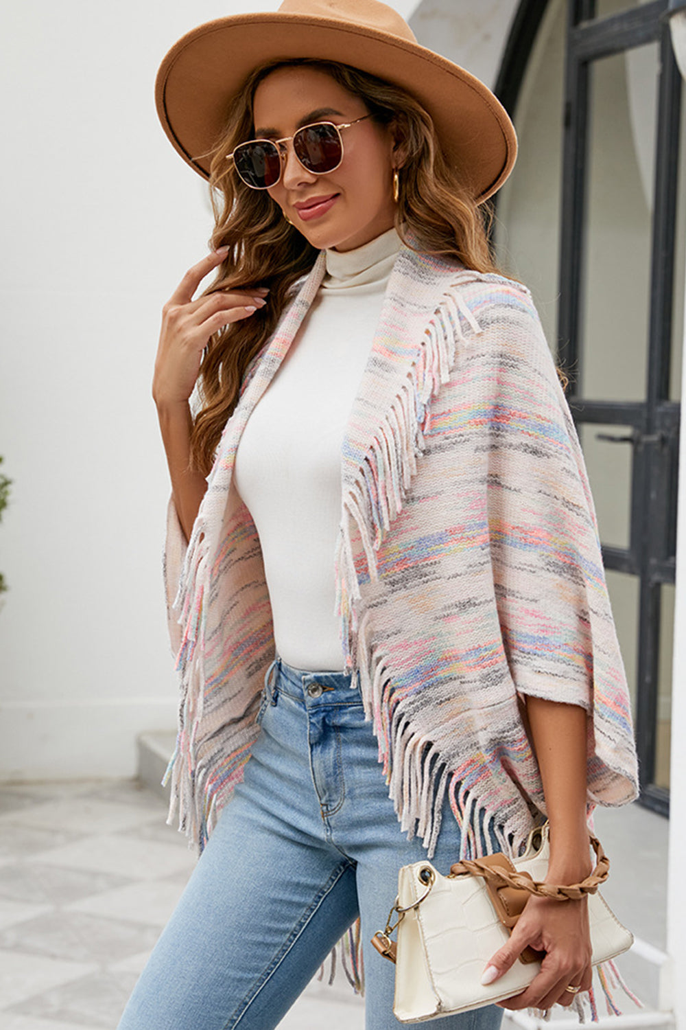 Colorful Glitch Retro Fringe Hem Open Front Shrug Knit Bolero Sweater Cardigan