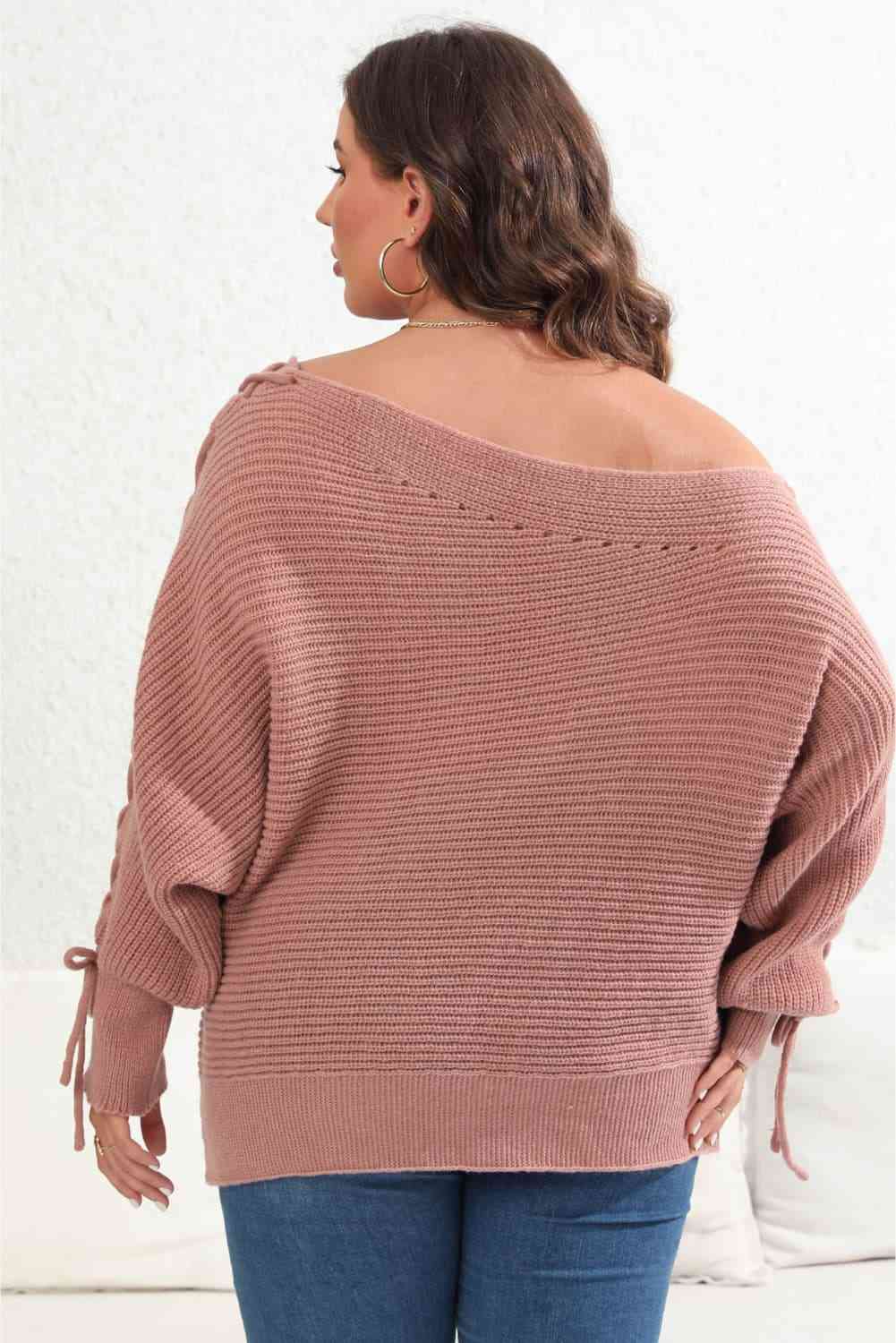 Beaded Pearl Lace Up Sleeve Off Shoulder Asymmetrical Boat Neck Sweater Plus Size Only