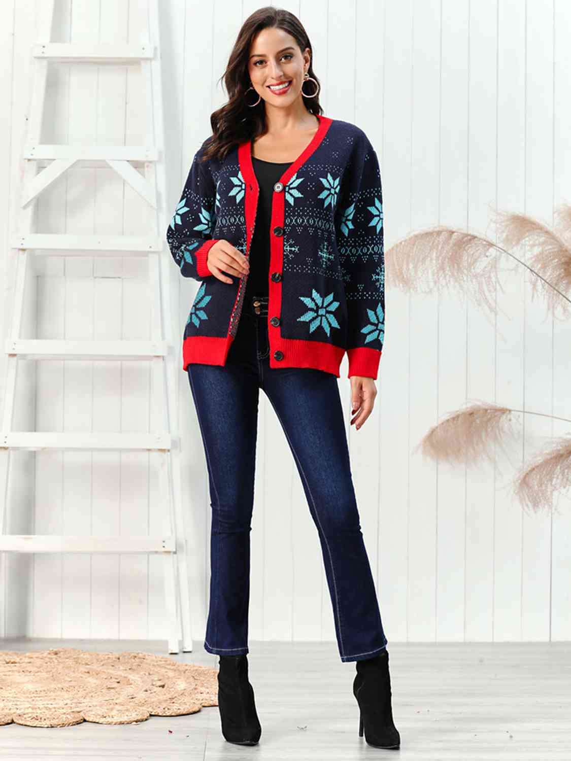 Snowflake Retro Knit Holiday Cardigan Button Front Thick Colorful Sweater Festive Winterwear