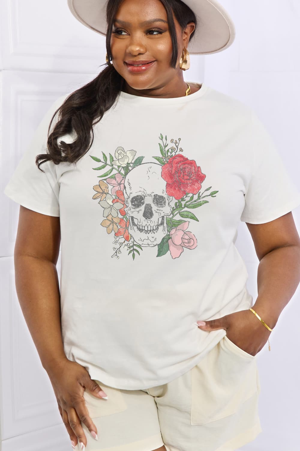 Floral Skull Head Retro Distressed Graphic Short-sleeve Tee Shirt 100% Cotton
